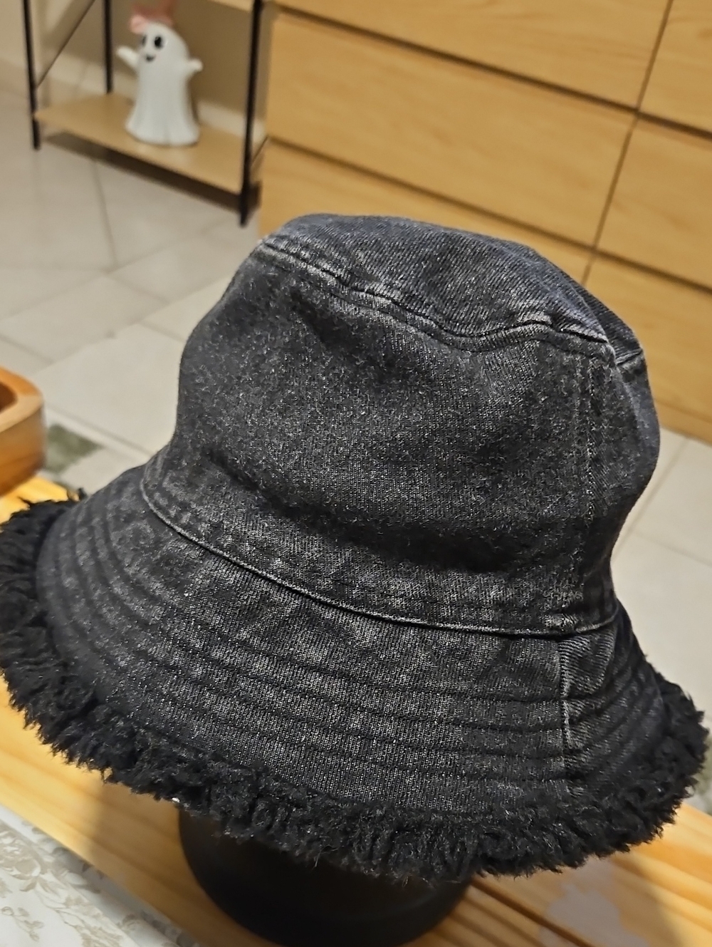 Zara Black Fringed Denim Bucket Hat